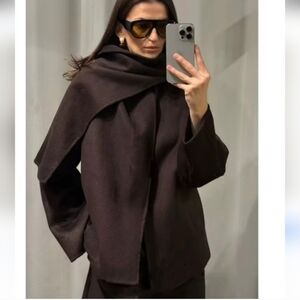 Zara Wool Blend Coat with Scarf Brown